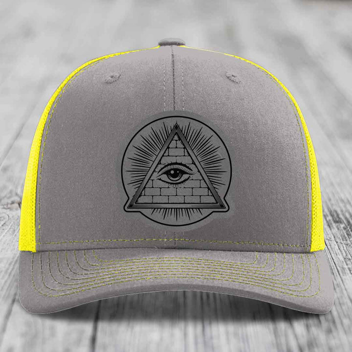 Eye of the Illuminati - Leather Patch Hat - Grey to Black Patch - Richardson 112 Snapback Trucker Hat