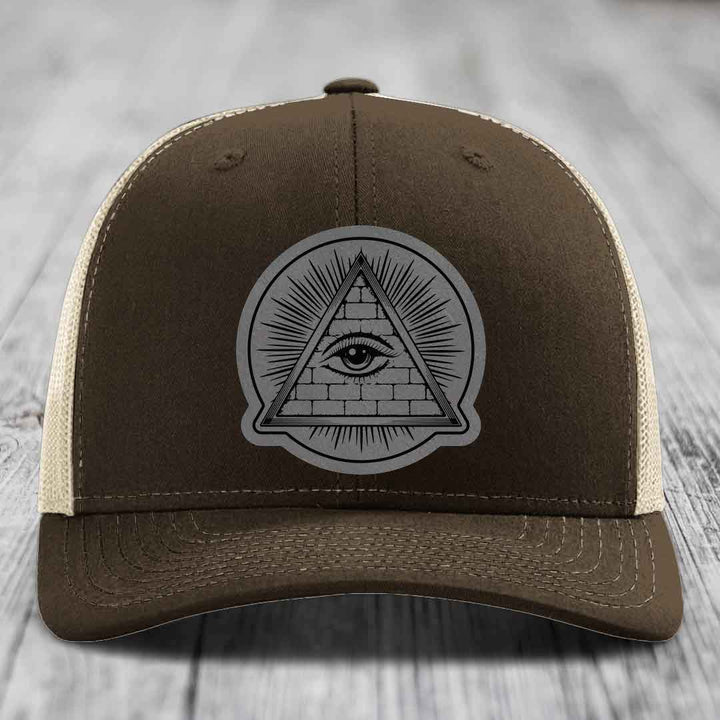 Eye of the Illuminati - Leather Patch Hat - Grey to Black Patch - Richardson 112 Snapback Trucker Hat