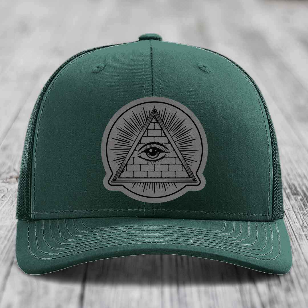 Eye of the Illuminati - Leather Patch Hat - Grey to Black Patch - Richardson 112 Snapback Trucker Hat