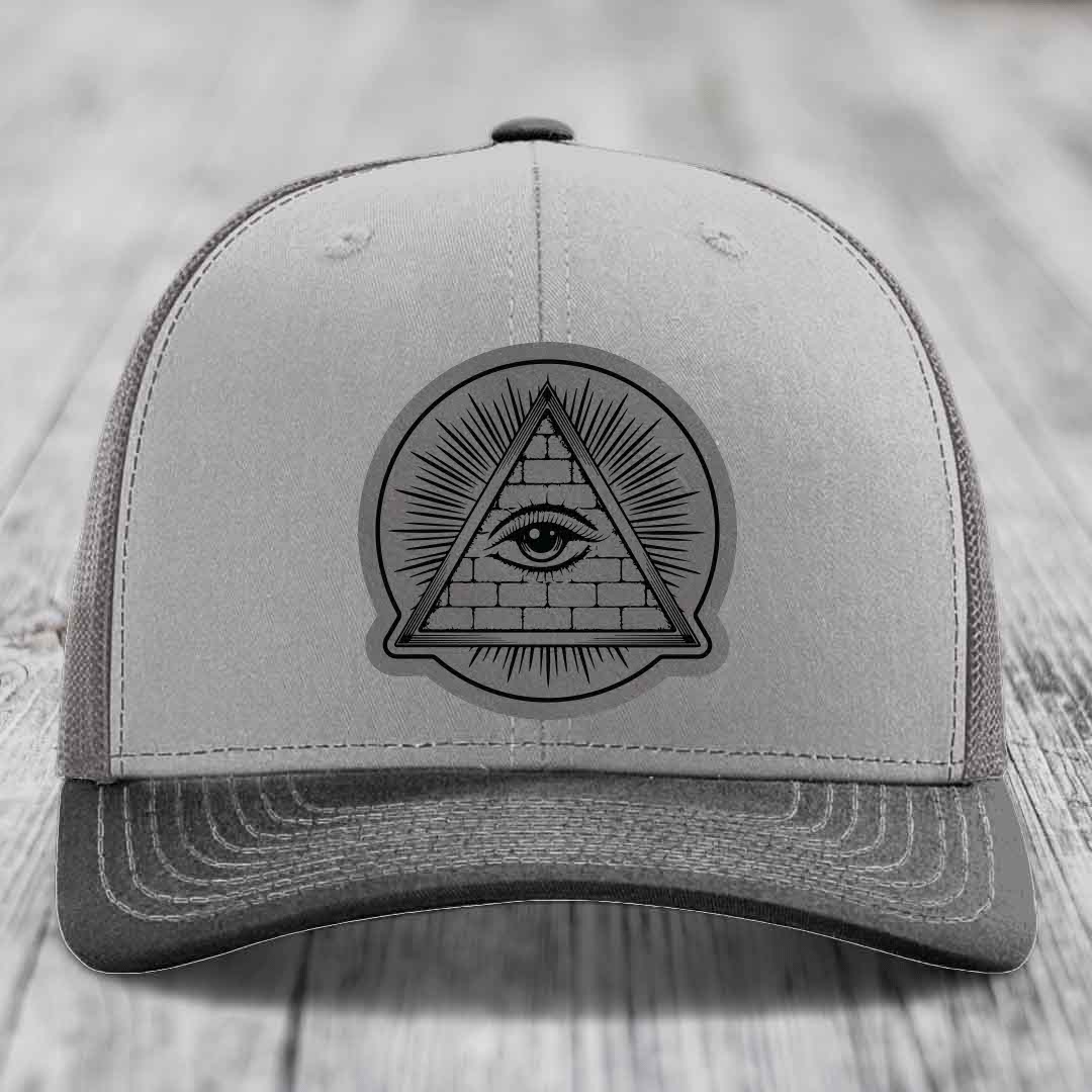 Eye of the Illuminati - Leather Patch Hat - Grey to Black Patch - Richardson 112 Snapback Trucker Hat