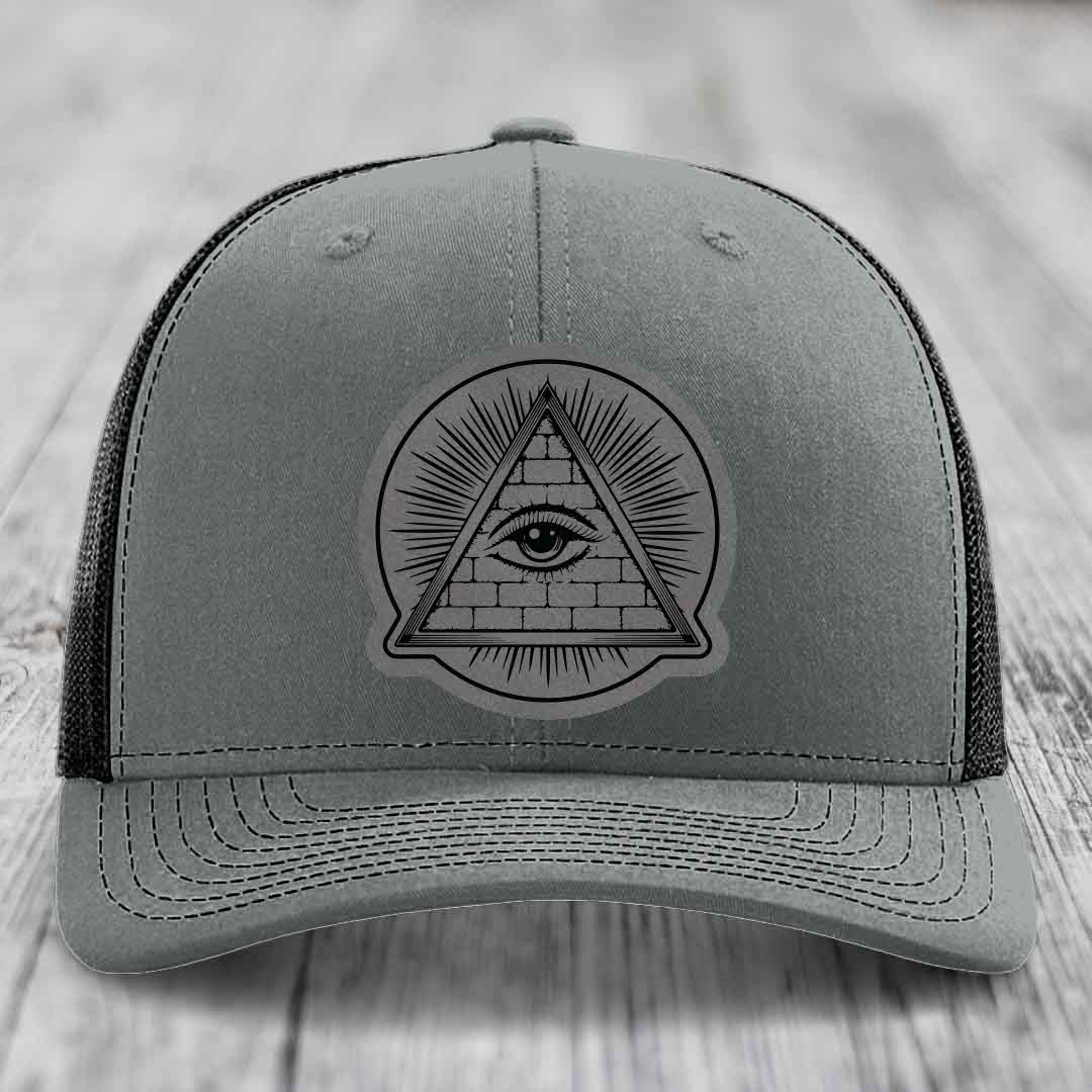 Eye of the Illuminati - Leather Patch Hat - Grey to Black Patch - Richardson 112 Snapback Trucker Hat