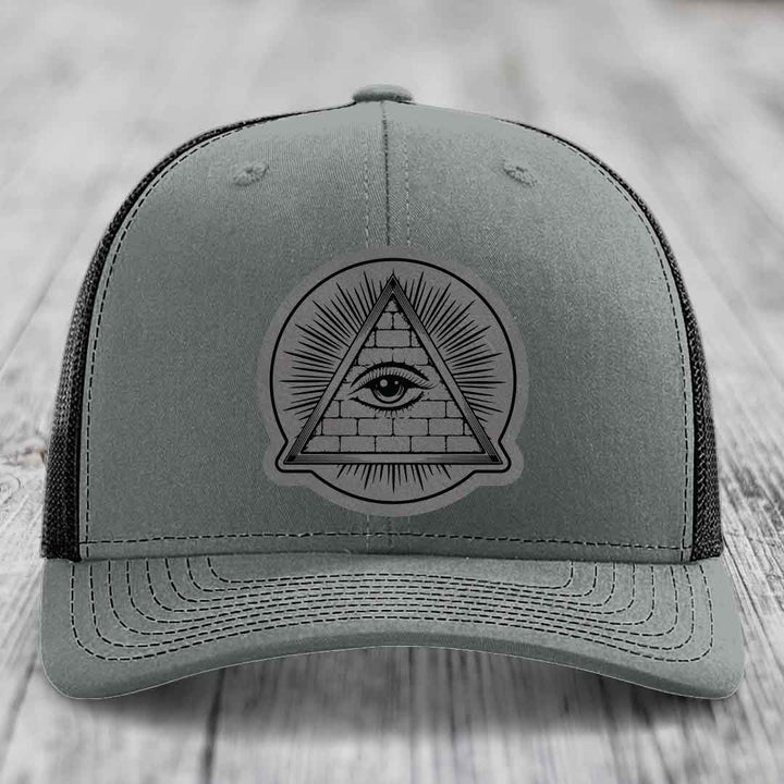 Eye of the Illuminati - Leather Patch Hat - Grey to Black Patch - Richardson 112 Snapback Trucker Hat