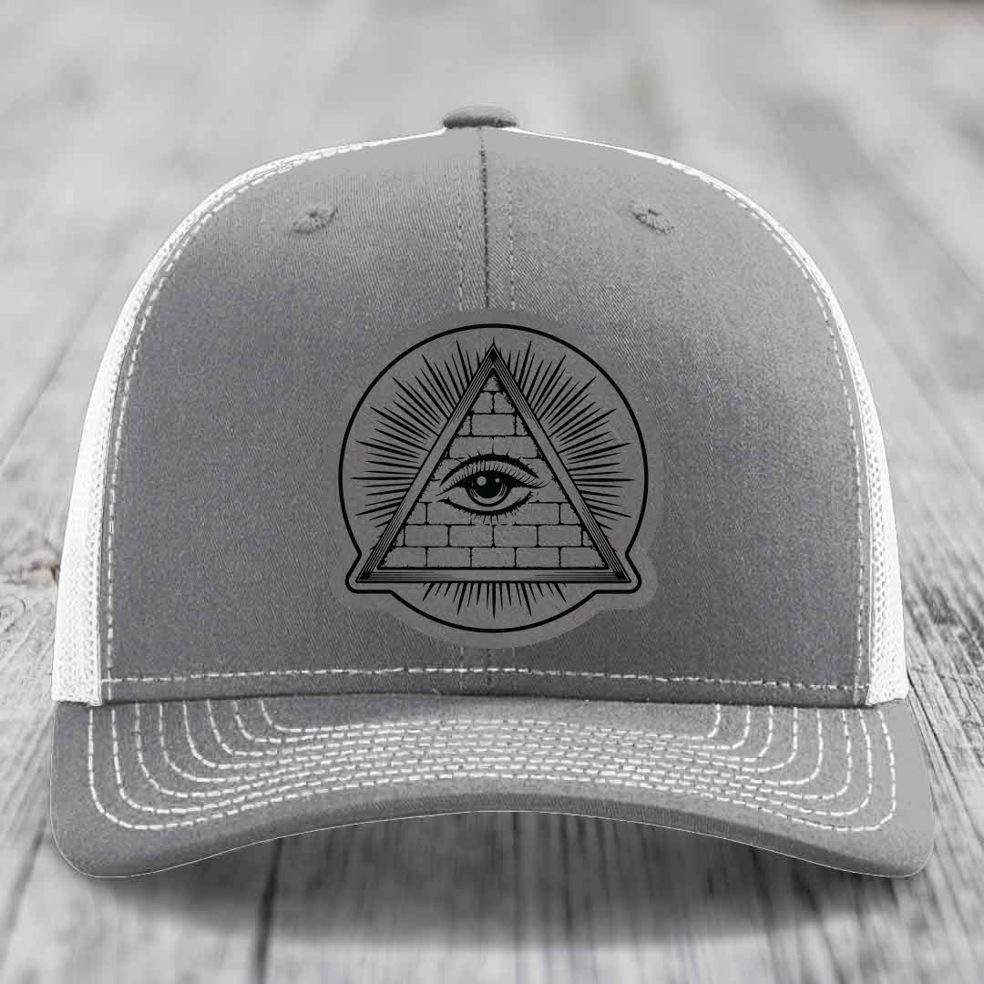Eye of the Illuminati - Leather Patch Hat - Grey to Black Patch - Richardson 112 Snapback Trucker Hat