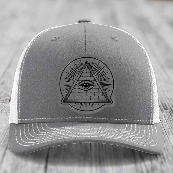 Eye of the Illuminati - Leather Patch Hat - Grey to Black Patch - Richardson 112 Snapback Trucker Hat