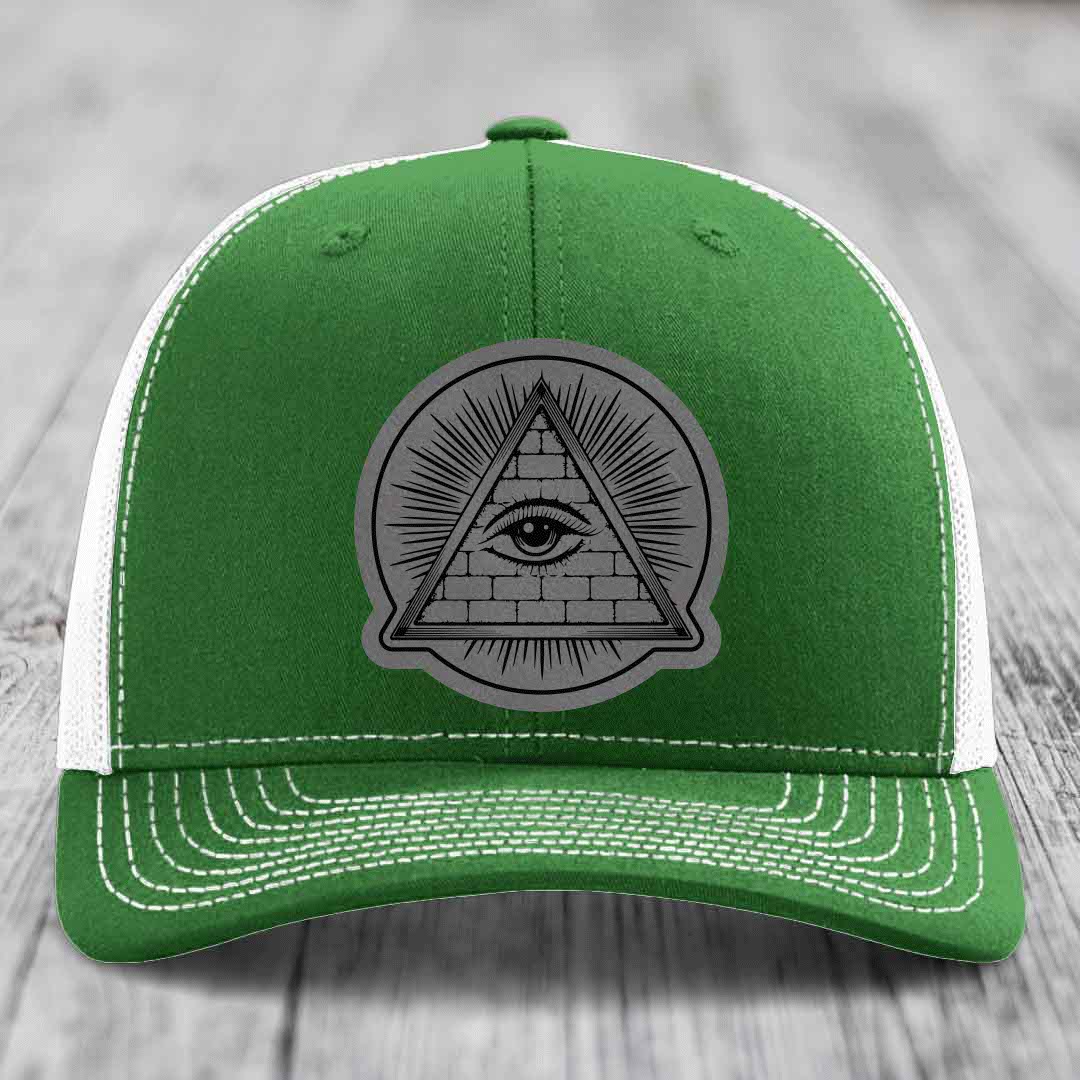 Eye of the Illuminati - Leather Patch Hat - Grey to Black Patch - Richardson 112 Snapback Trucker Hat