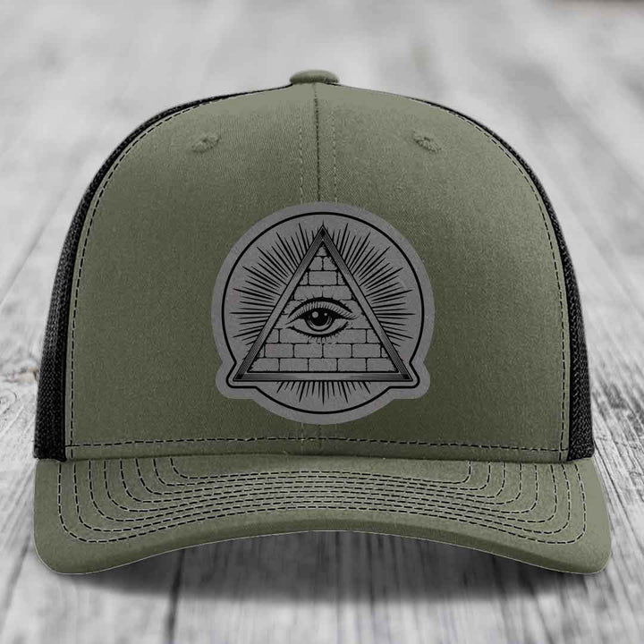 Eye of the Illuminati - Leather Patch Hat - Grey to Black Patch - Richardson 112 Snapback Trucker Hat