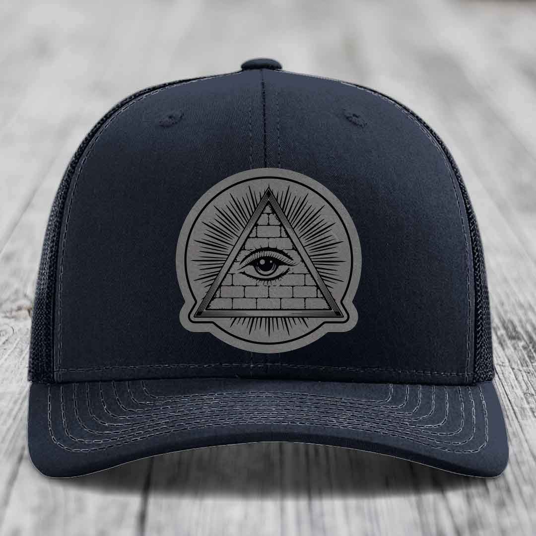 Eye of the Illuminati - Leather Patch Hat - Grey to Black Patch - Richardson 112 Snapback Trucker Hat