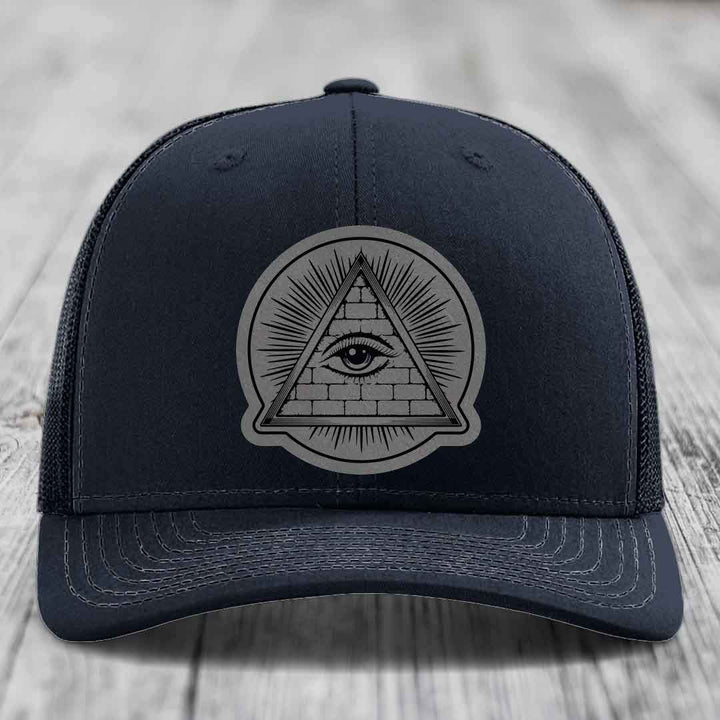Eye of the Illuminati - Leather Patch Hat - Grey to Black Patch - Richardson 112 Snapback Trucker Hat
