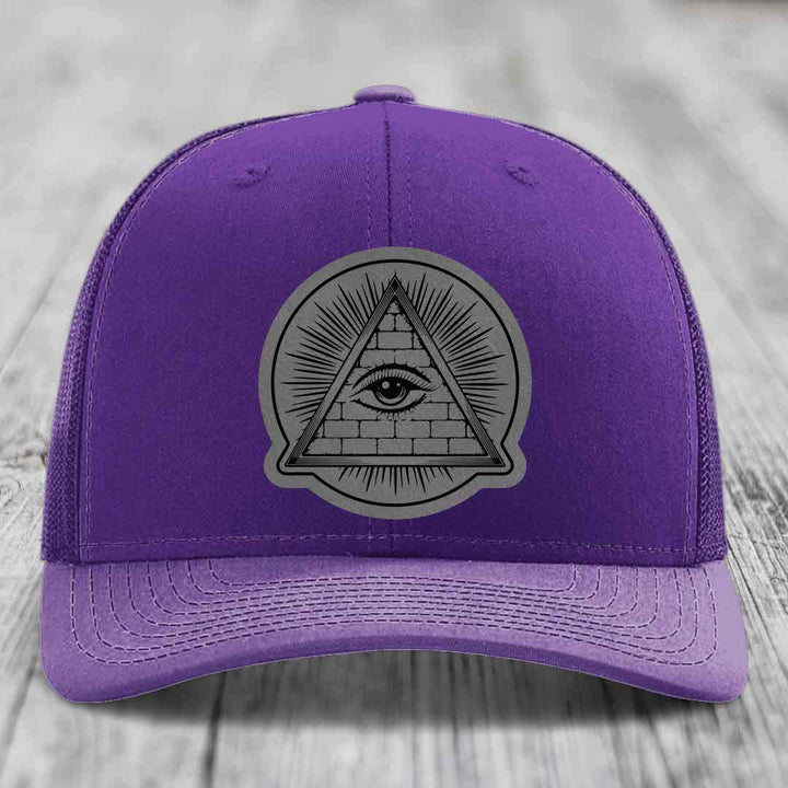 Eye of the Illuminati - Leather Patch Hat - Grey to Black Patch - Richardson 112 Snapback Trucker Hat