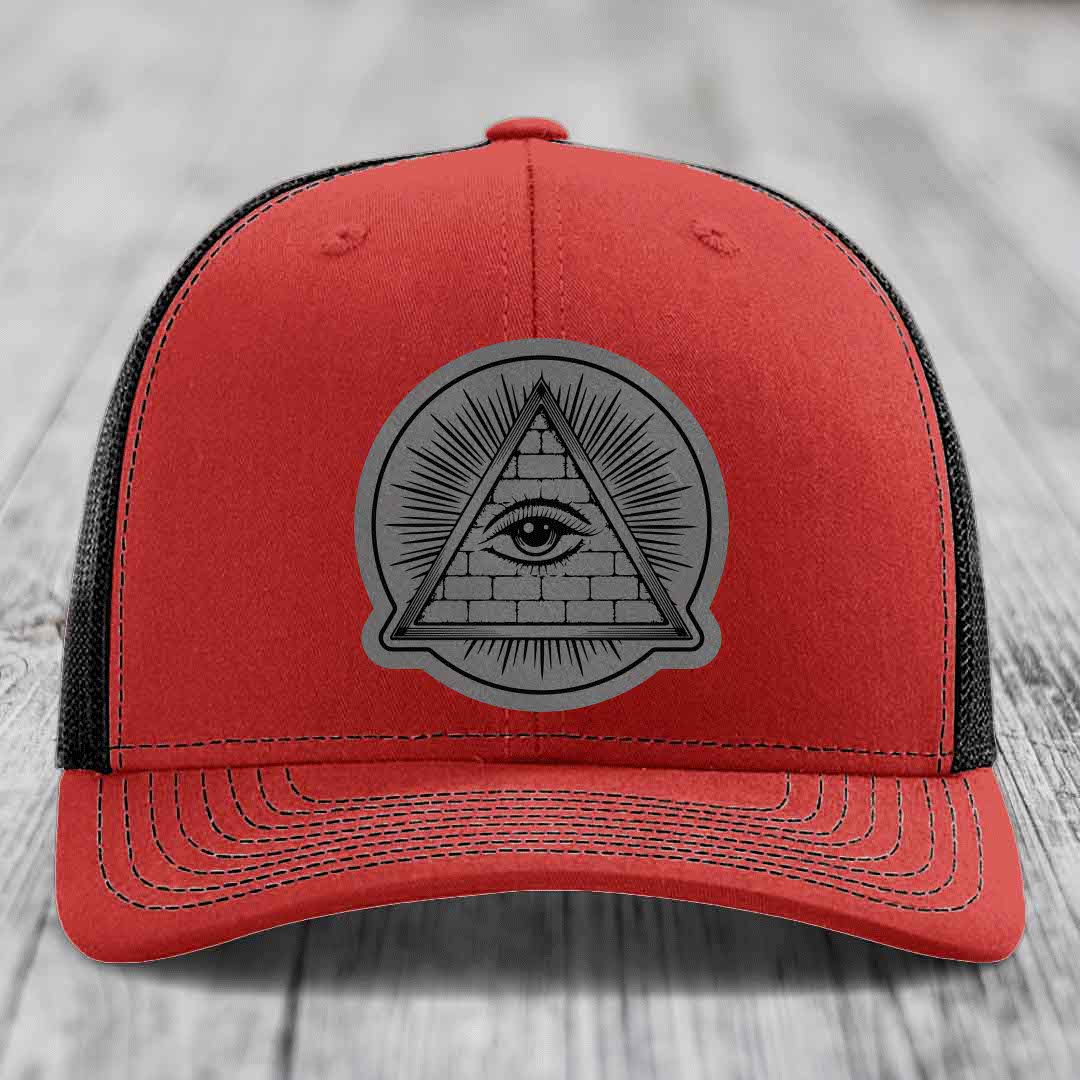 Eye of the Illuminati - Leather Patch Hat - Grey to Black Patch - Richardson 112 Snapback Trucker Hat