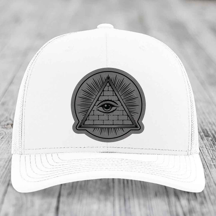 Eye of the Illuminati - Leather Patch Hat - Grey to Black Patch - Richardson 112 Snapback Trucker Hat