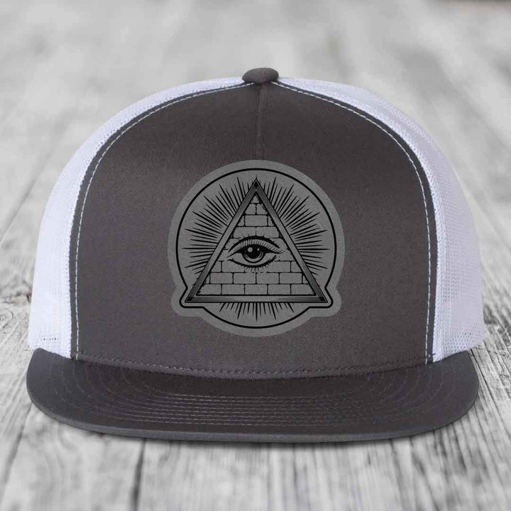 Eye of the Illuminati - Leather Patch Hat - Grey to Black Patch - Yupoong 6006 Snapback Flatbill Hat