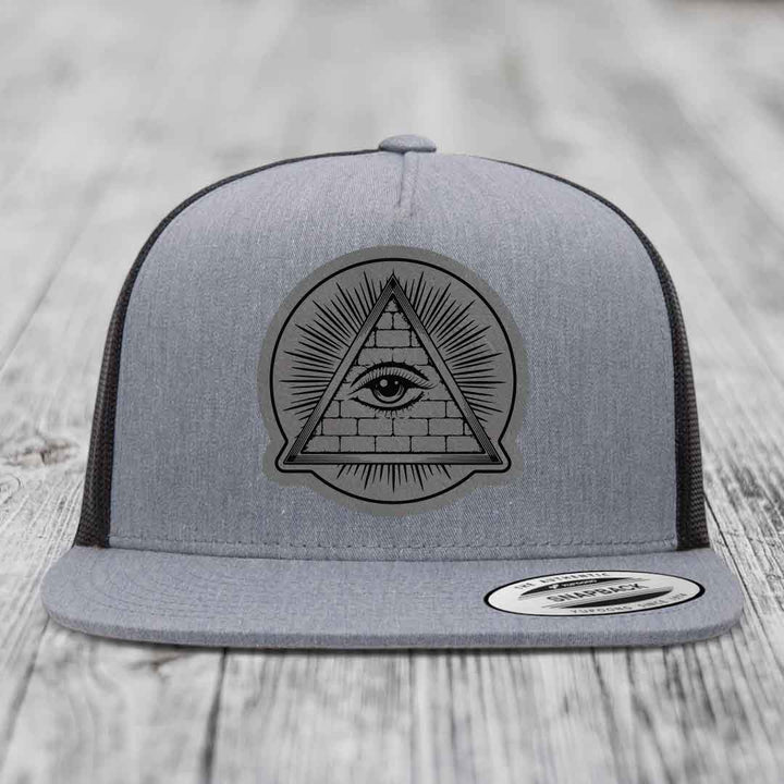 Eye of the Illuminati - Leather Patch Hat - Grey to Black Patch - Yupoong 6006 Snapback Flatbill Hat
