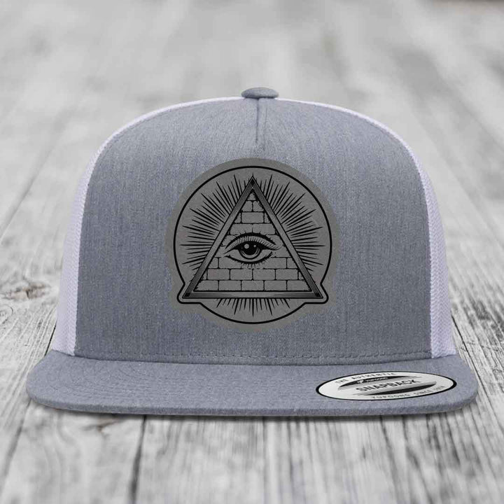 Eye of the Illuminati - Leather Patch Hat - Grey to Black Patch - Yupoong 6006 Snapback Flatbill Hat