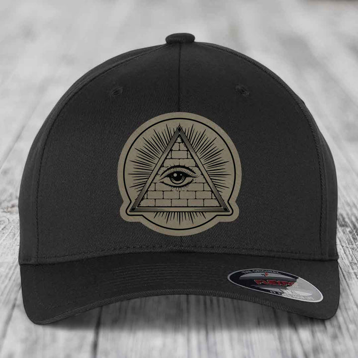 Eye of the Illuminati - Leather Patch Hat - Light Brown to Black Patch - Flexfit 6277 Fitted Hat