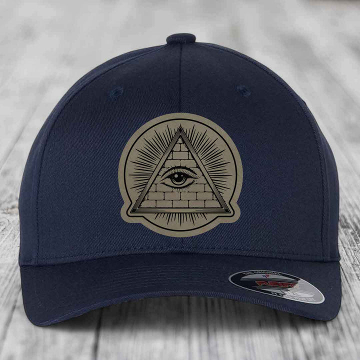 Eye of the Illuminati - Leather Patch Hat - Light Brown to Black Patch - Flexfit 6277 Fitted Hat
