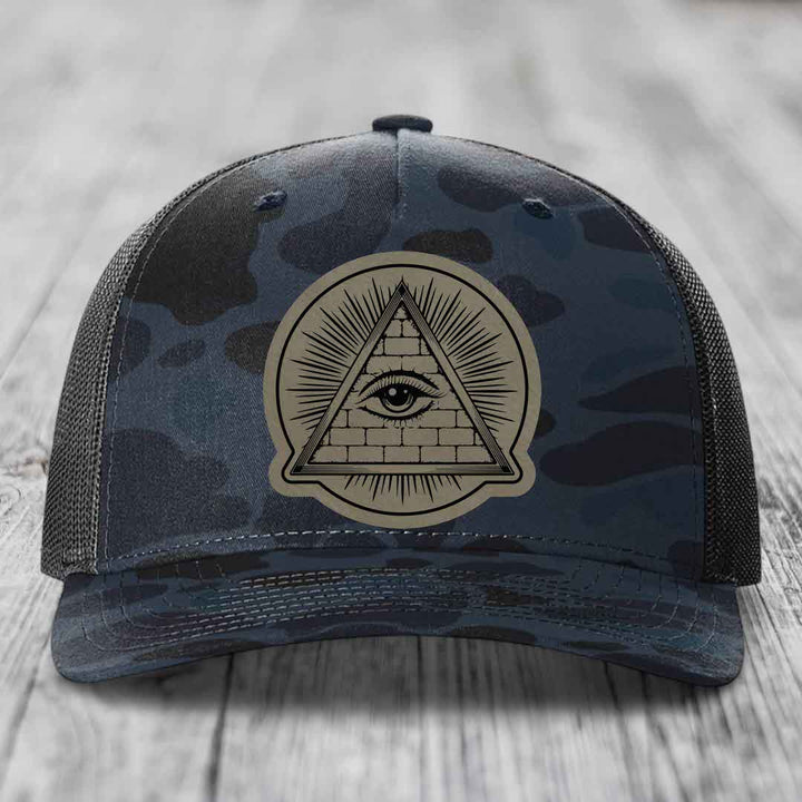 Eye of the Illuminati - Leather Patch Hat - Light Brown to Black Patch - Richardson 112PFP Snapback Trucker Hat