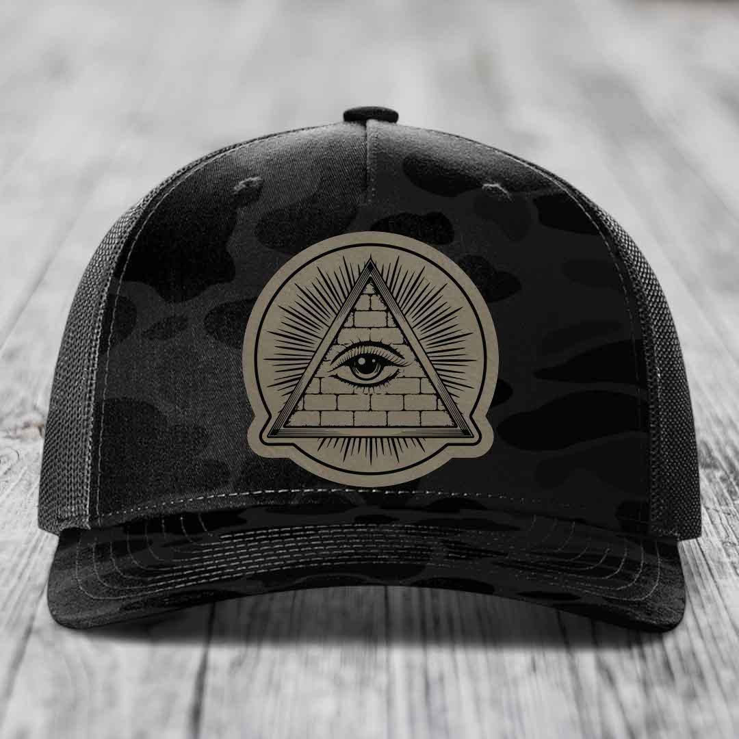 Eye of the Illuminati - Leather Patch Hat - Light Brown to Black Patch - Richardson 112PFP Snapback Trucker Hat