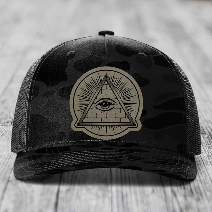 Eye of the Illuminati - Leather Patch Hat - Light Brown to Black Patch - Richardson 112PFP Snapback Trucker Hat