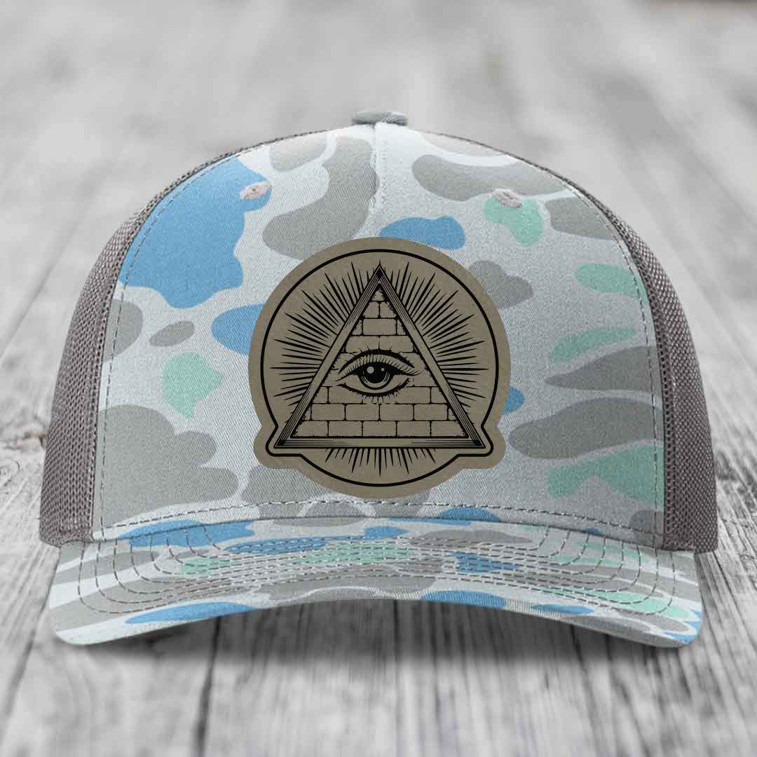 Eye of the Illuminati - Leather Patch Hat - Light Brown to Black Patch - Richardson 112PFP Snapback Trucker Hat