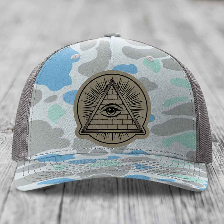 Eye of the Illuminati - Leather Patch Hat - Light Brown to Black Patch - Richardson 112PFP Snapback Trucker Hat