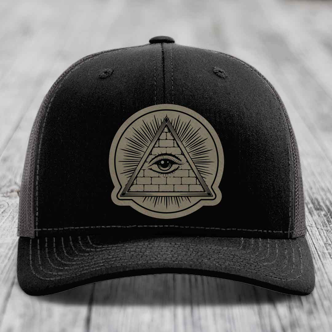 Eye of the Illuminati - Leather Patch Hat - Light Brown to Black Patch - Richardson 112 Snapback Trucker Hat