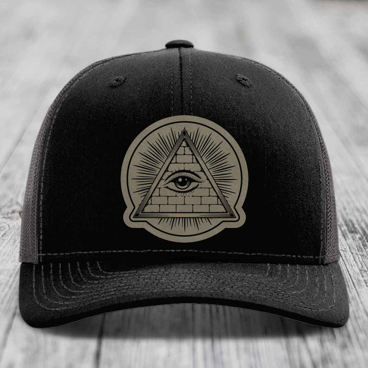 Eye of the Illuminati - Leather Patch Hat - Light Brown to Black Patch - Richardson 112 Snapback Trucker Hat
