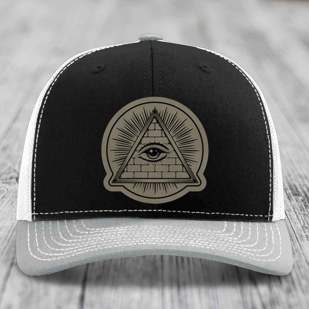 Eye of the Illuminati - Leather Patch Hat - Light Brown to Black Patch - Richardson 112 Snapback Trucker Hat