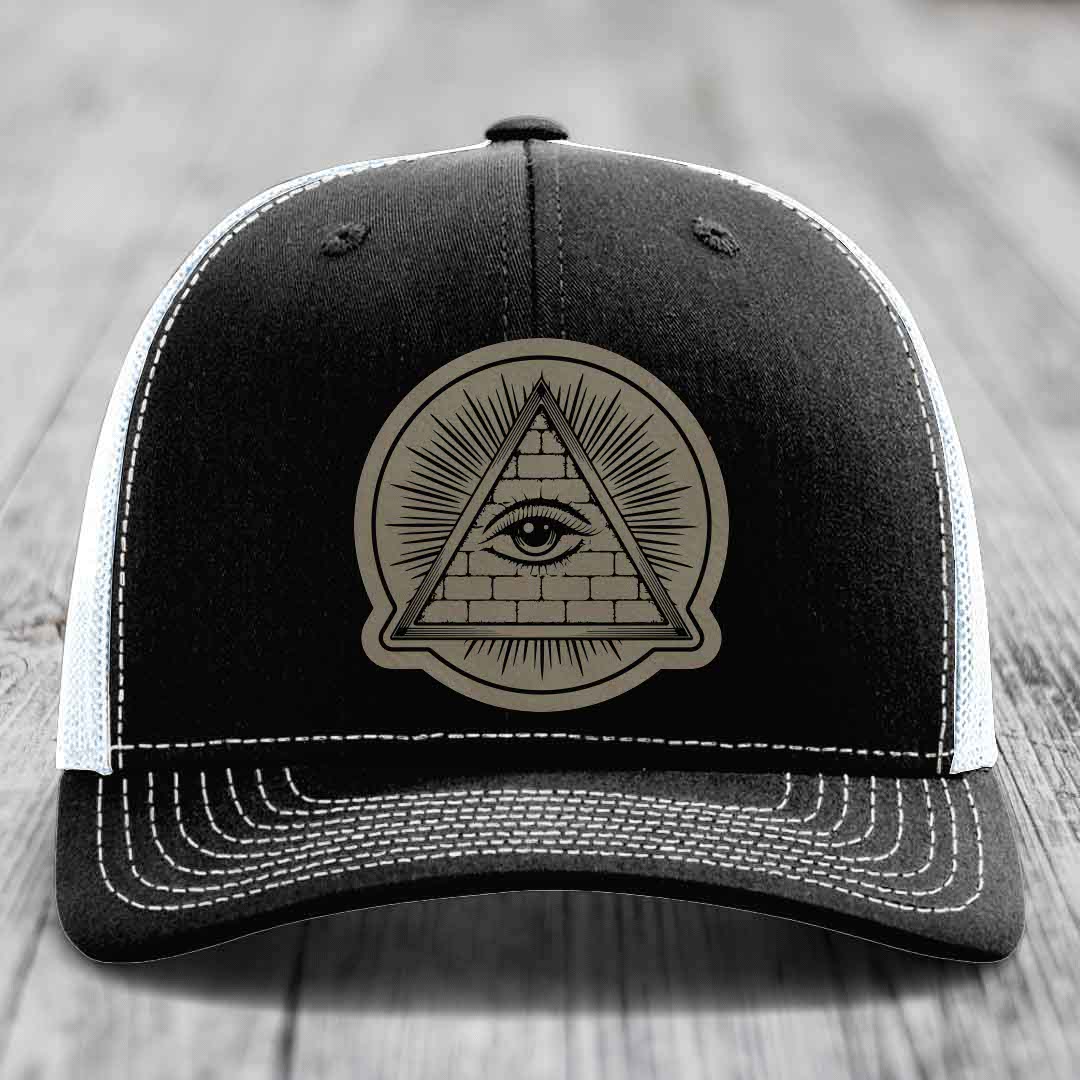 Eye of the Illuminati - Leather Patch Hat - Light Brown to Black Patch - Richardson 112 Snapback Trucker Hat