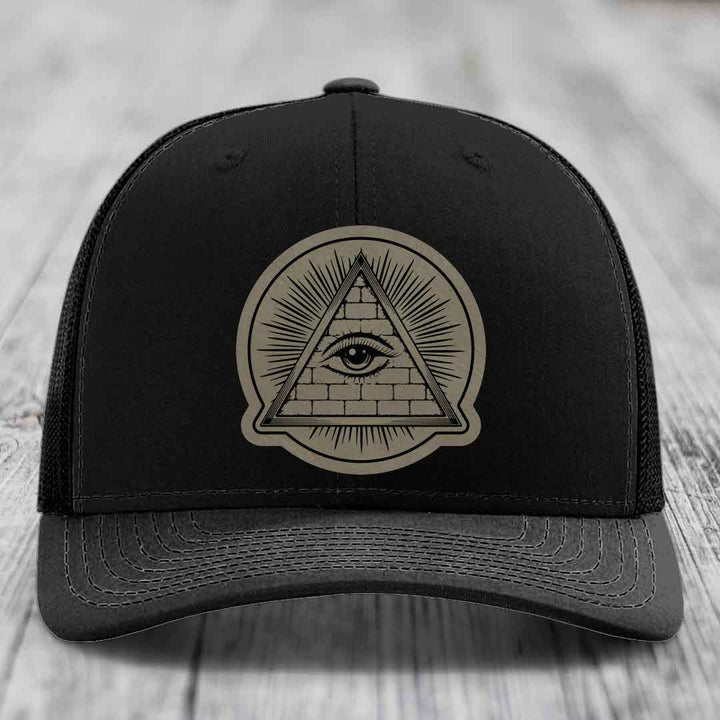 Eye of the Illuminati - Leather Patch Hat - Light Brown to Black Patch - Richardson 112 Snapback Trucker Hat