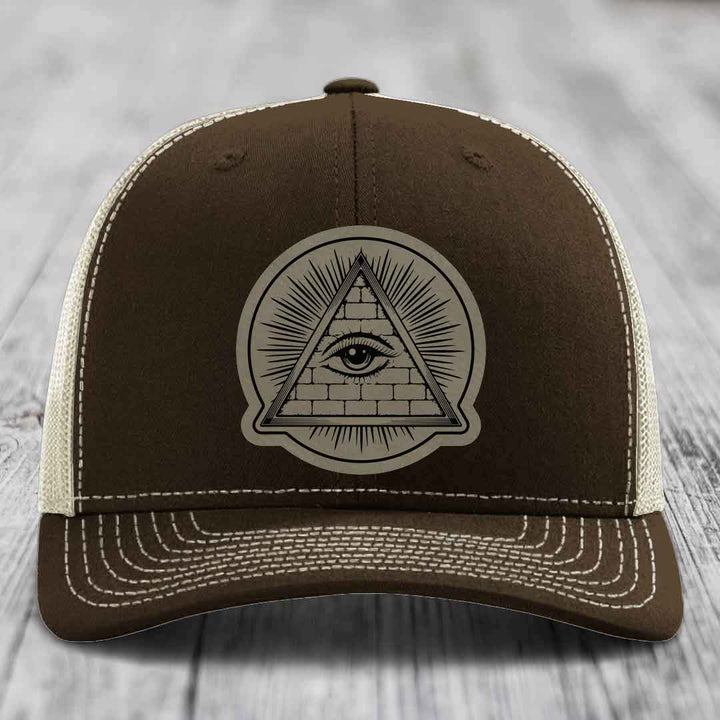 Eye of the Illuminati - Leather Patch Hat - Light Brown to Black Patch - Richardson 112 Snapback Trucker Hat