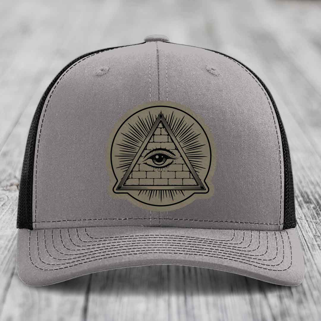Eye of the Illuminati - Leather Patch Hat - Light Brown to Black Patch - Richardson 112 Snapback Trucker Hat