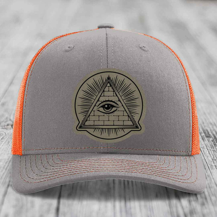 Eye of the Illuminati - Leather Patch Hat - Light Brown to Black Patch - Richardson 112 Snapback Trucker Hat