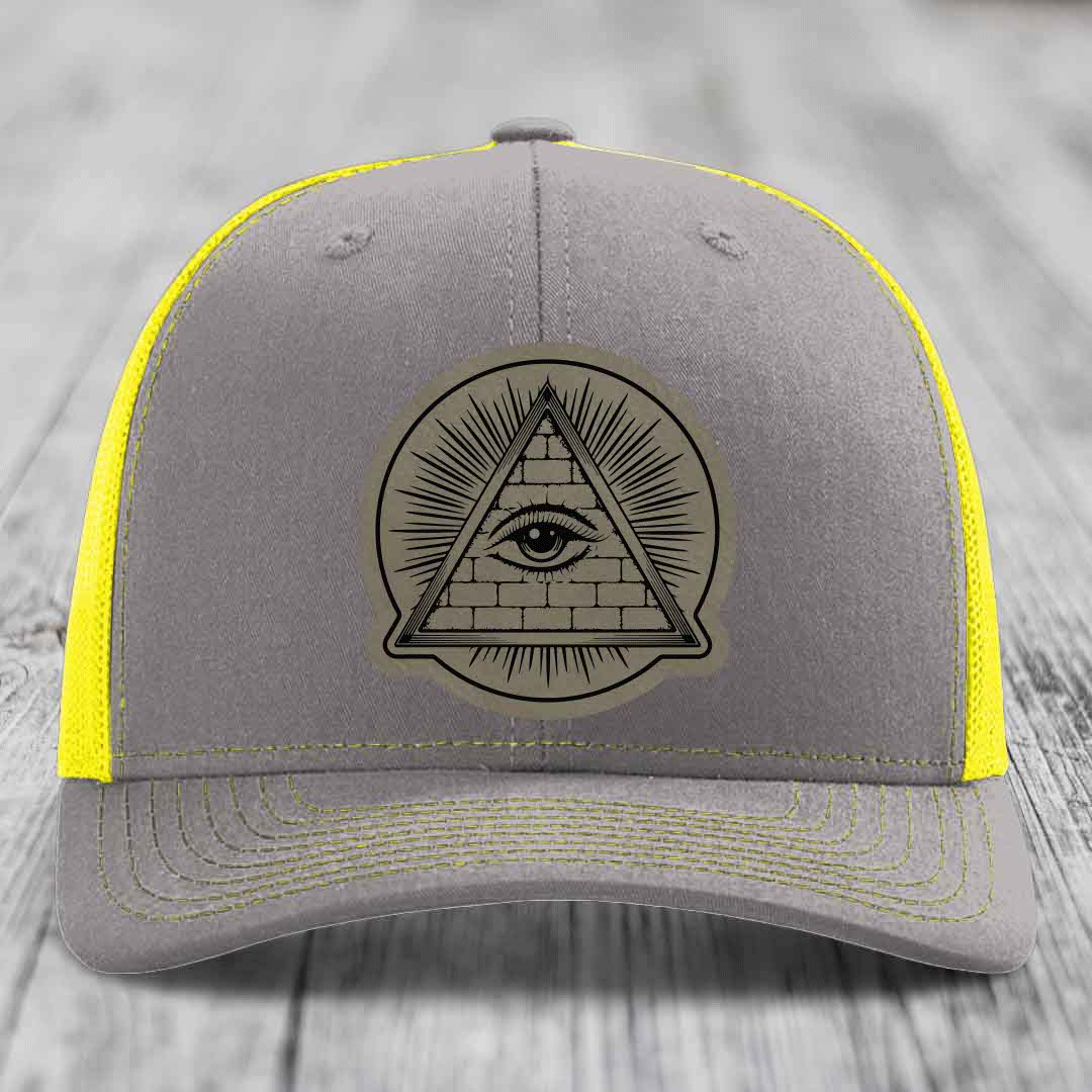 Eye of the Illuminati - Leather Patch Hat - Light Brown to Black Patch - Richardson 112 Snapback Trucker Hat