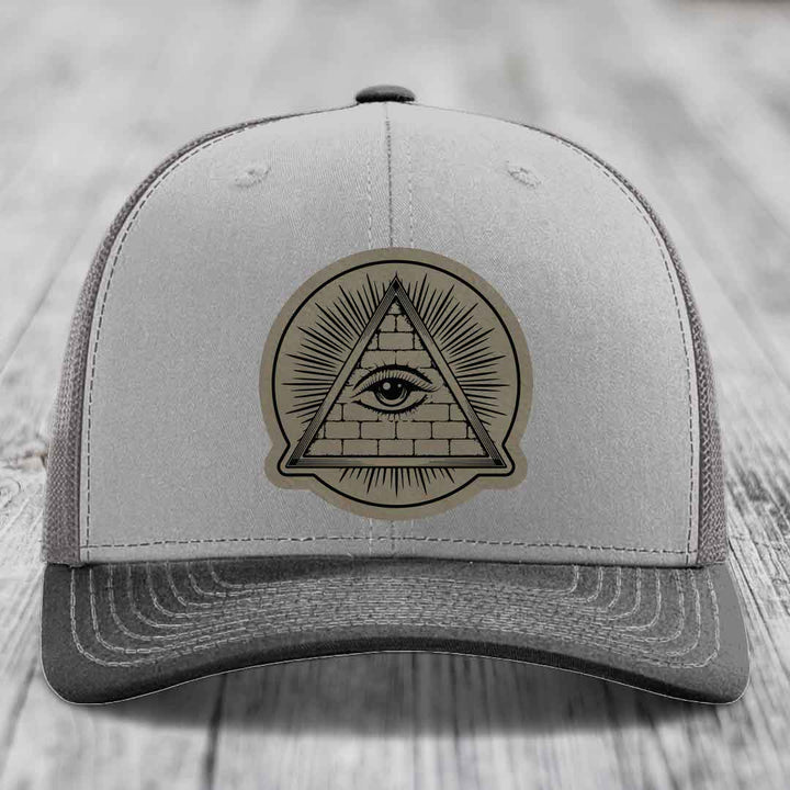 Eye of the Illuminati - Leather Patch Hat - Light Brown to Black Patch - Richardson 112 Snapback Trucker Hat