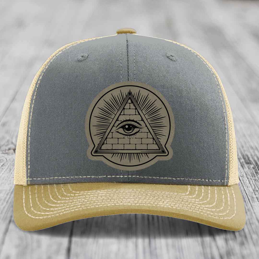 Eye of the Illuminati - Leather Patch Hat - Light Brown to Black Patch - Richardson 112 Snapback Trucker Hat