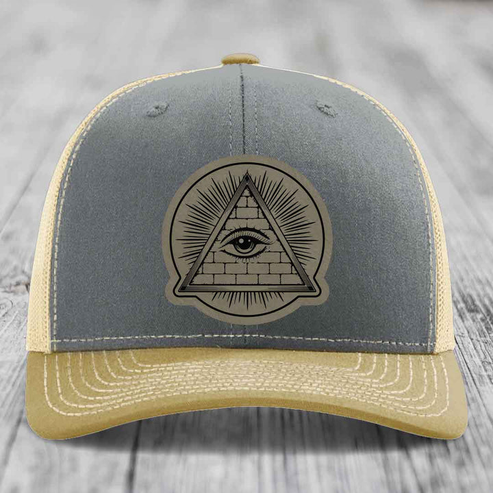 Eye of the Illuminati - Leather Patch Hat - Light Brown to Black Patch - Richardson 112 Snapback Trucker Hat