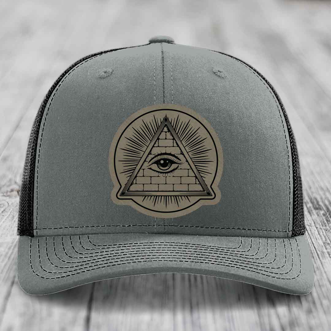 Eye of the Illuminati - Leather Patch Hat - Light Brown to Black Patch - Richardson 112 Snapback Trucker Hat