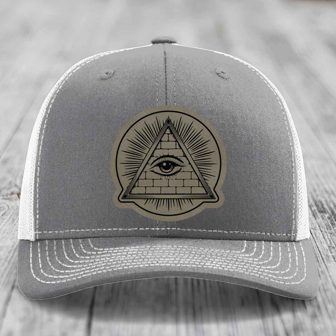 Eye of the Illuminati - Leather Patch Hat - Light Brown to Black Patch - Richardson 112 Snapback Trucker Hat