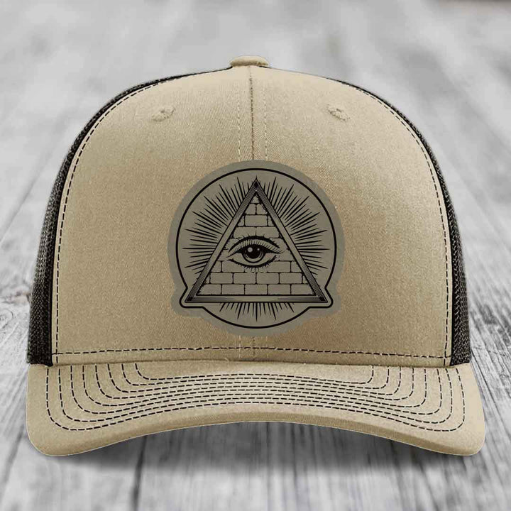 Eye of the Illuminati - Leather Patch Hat - Light Brown to Black Patch - Richardson 112 Snapback Trucker Hat