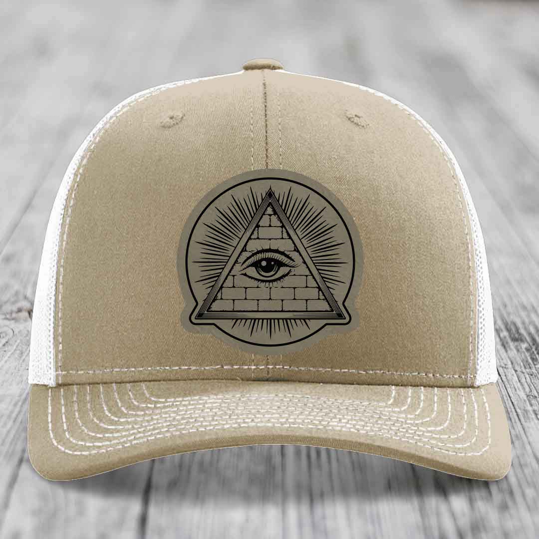 Eye of the Illuminati - Leather Patch Hat - Light Brown to Black Patch - Richardson 112 Snapback Trucker Hat