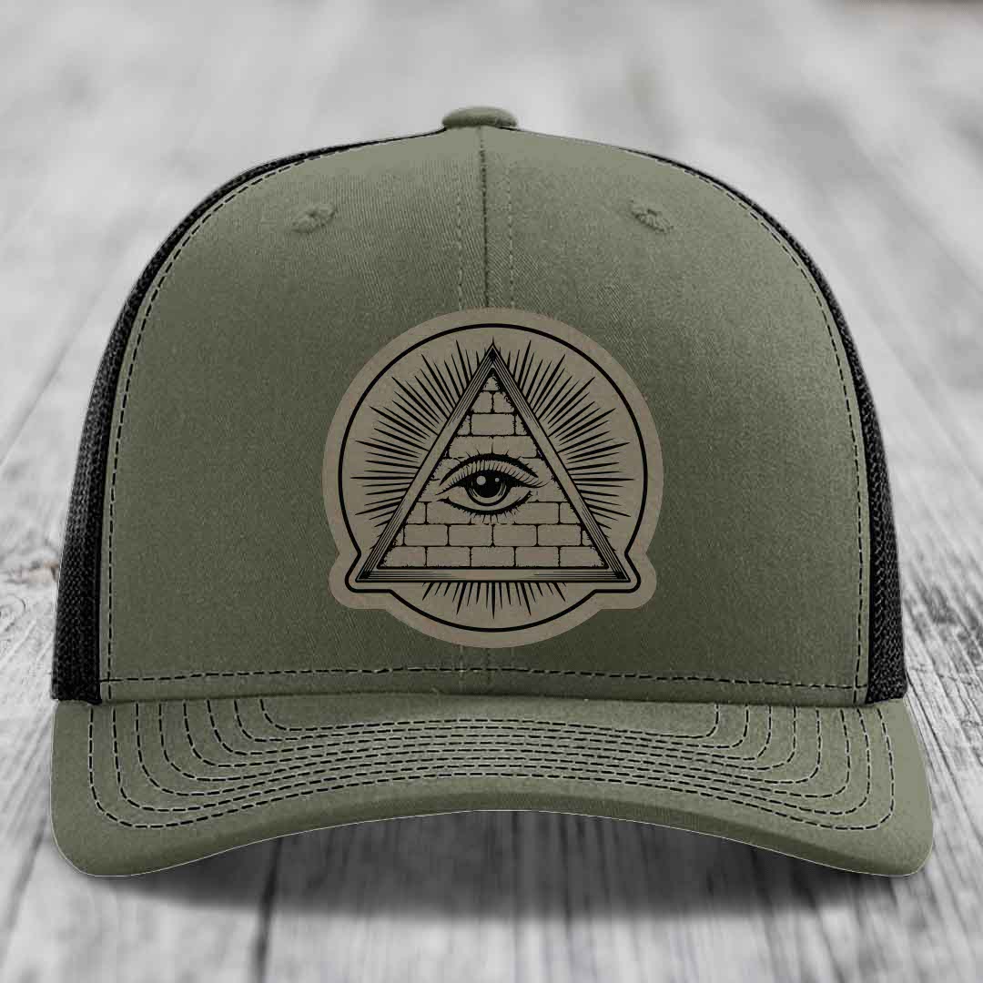 Eye of the Illuminati - Leather Patch Hat - Light Brown to Black Patch - Richardson 112 Snapback Trucker Hat