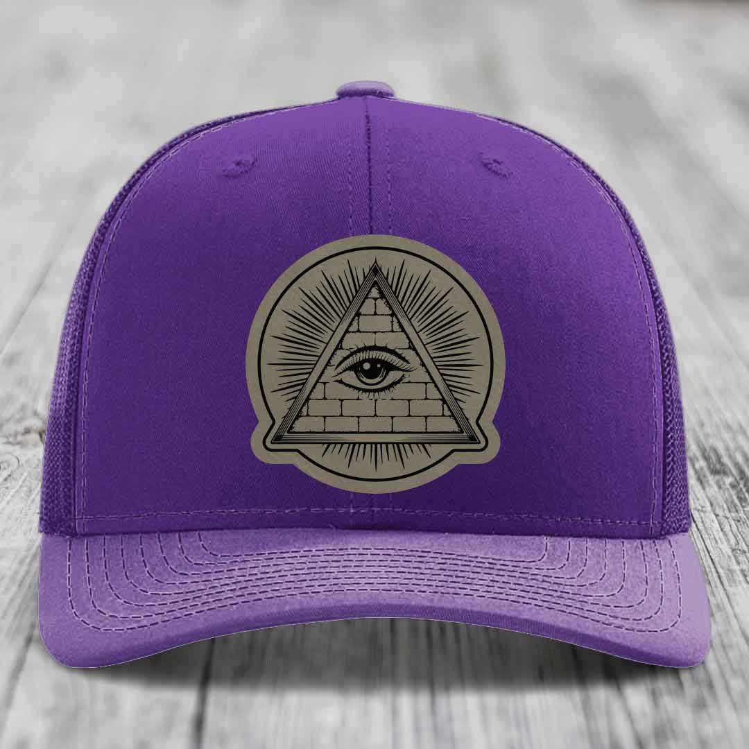 Eye of the Illuminati - Leather Patch Hat - Light Brown to Black Patch - Richardson 112 Snapback Trucker Hat