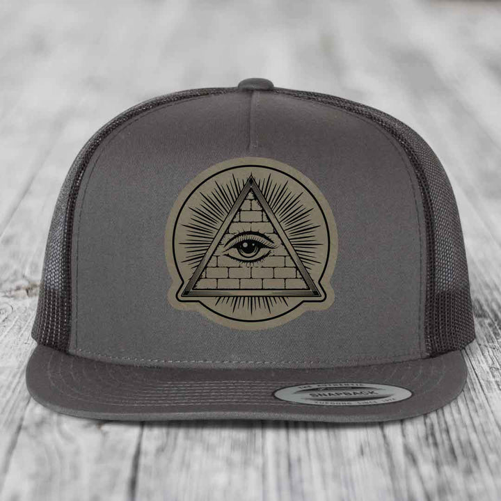 Eye of the Illuminati - Leather Patch Hat - Light Brown to Black Patch - Yupoong 6006 Snapback Flatbill Hat
