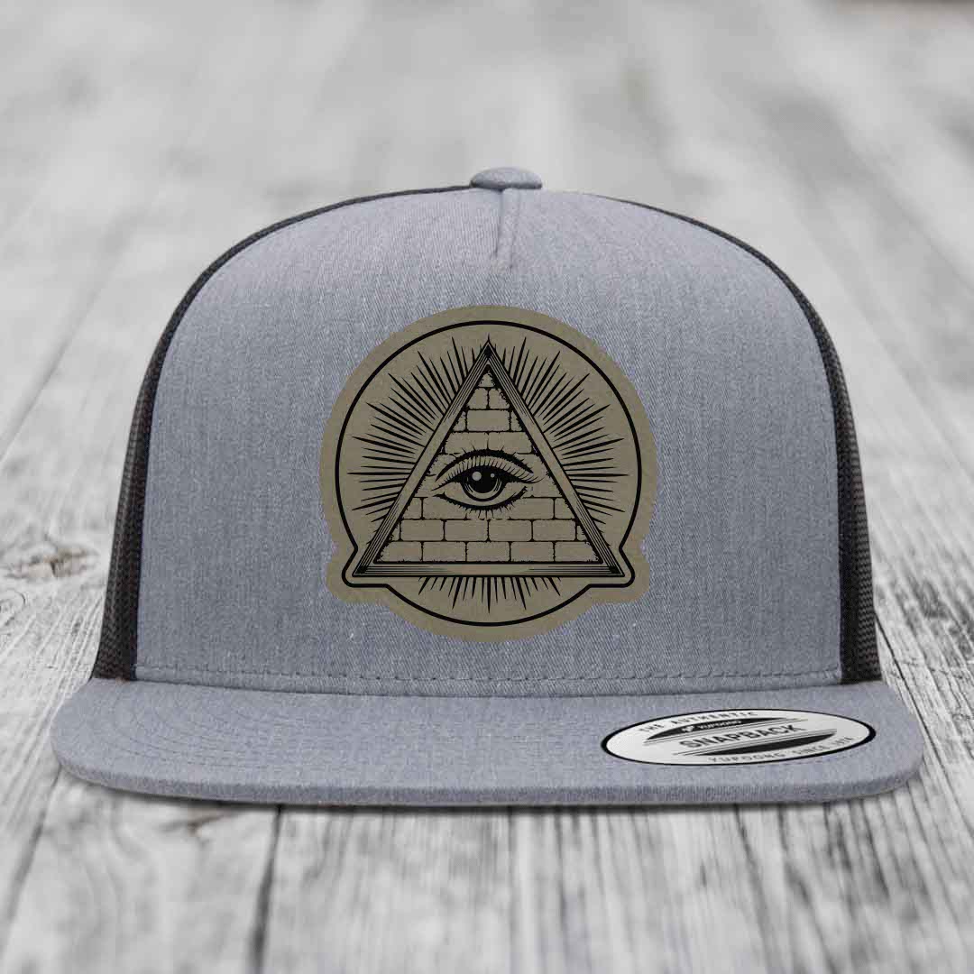 Eye of the Illuminati - Leather Patch Hat - Light Brown to Black Patch - Yupoong 6006 Snapback Flatbill Hat