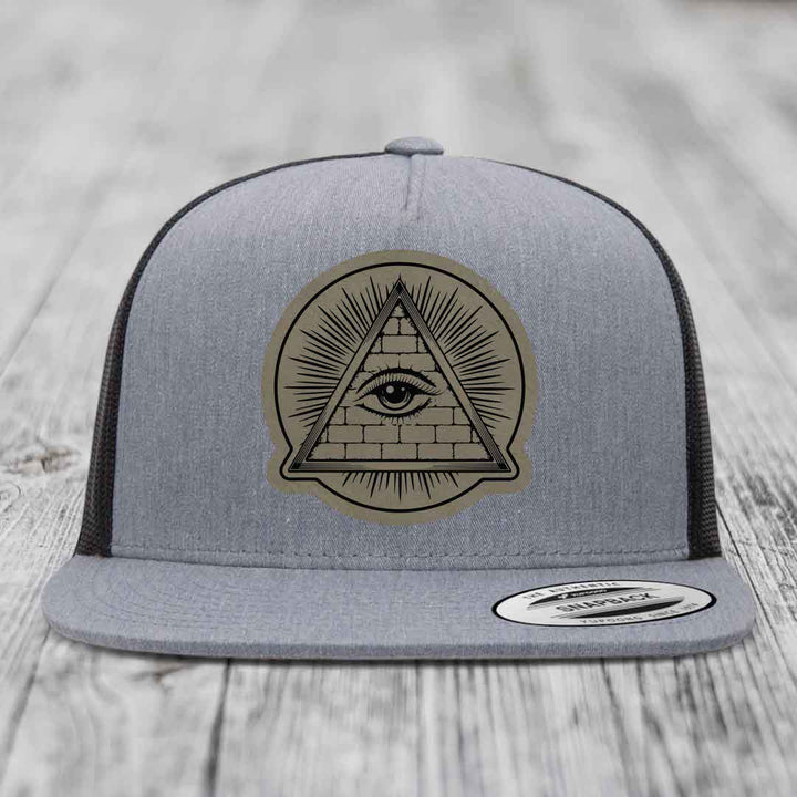 Eye of the Illuminati - Leather Patch Hat - Light Brown to Black Patch - Yupoong 6006 Snapback Flatbill Hat
