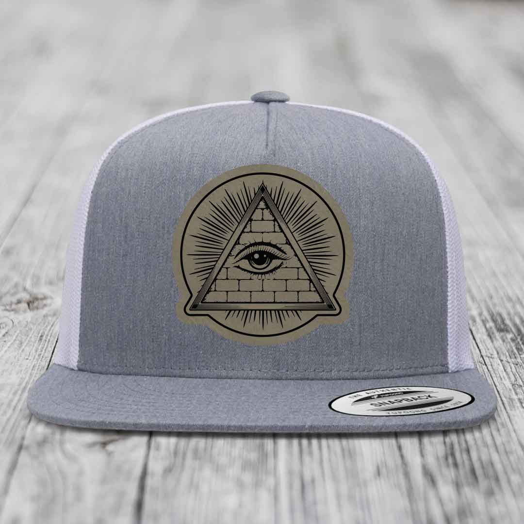 Eye of the Illuminati - Leather Patch Hat - Light Brown to Black Patch - Yupoong 6006 Snapback Flatbill Hat