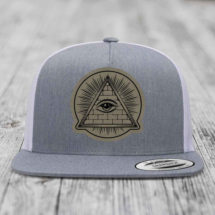 Eye of the Illuminati - Leather Patch Hat - Light Brown to Black Patch - Yupoong 6006 Snapback Flatbill Hat