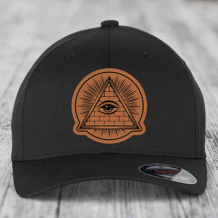 Eye of the Illuminati - Leather Patch Hat - Rawhide to Black Patch - Flexfit 6277 Fitted Hat