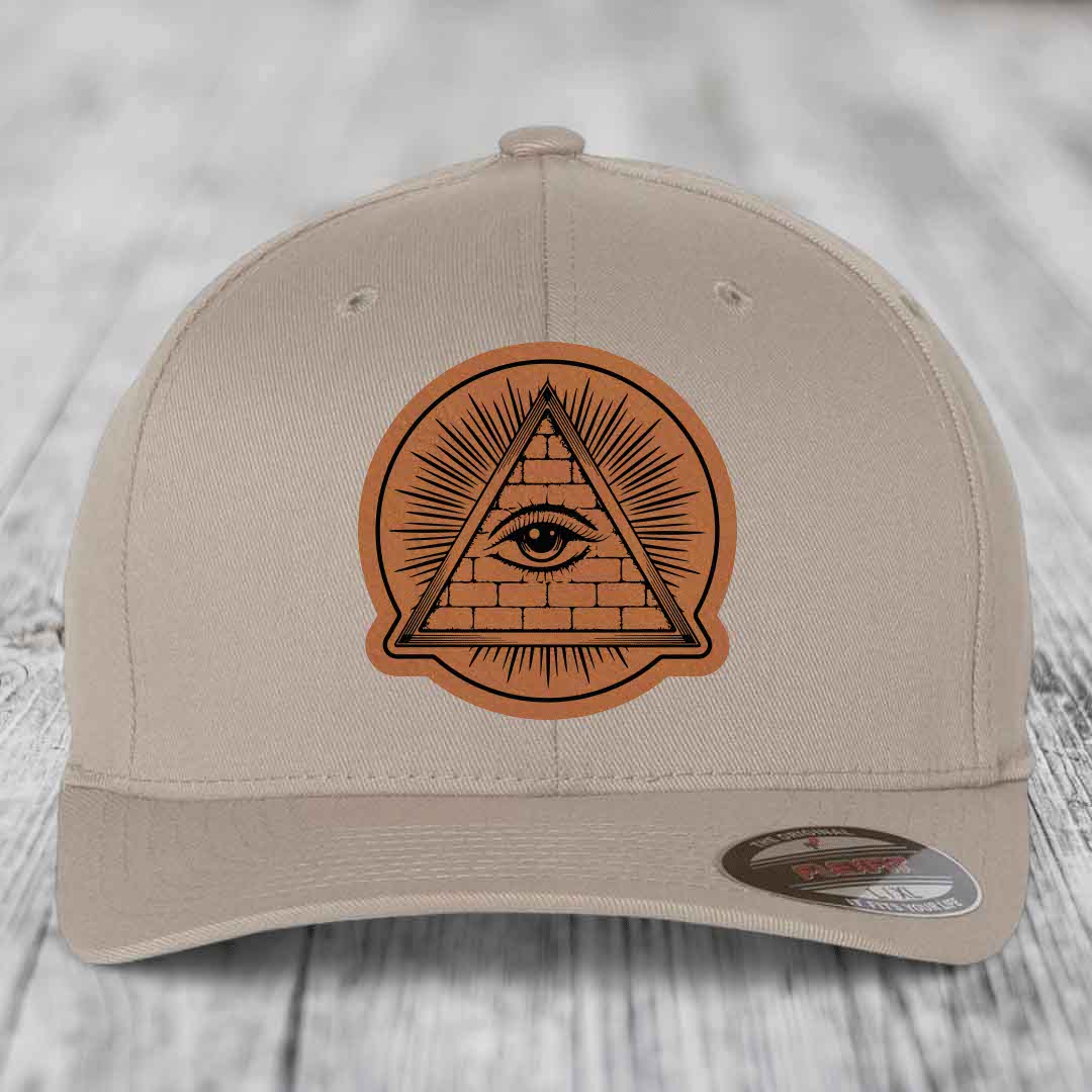 Eye of the Illuminati - Leather Patch Hat - Rawhide to Black Patch - Flexfit 6277 Fitted Hat